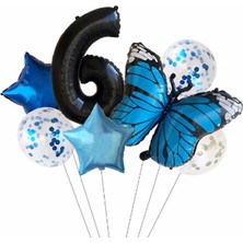 Parti Station Mavi Kelebek Balon Set Yıldız Balon Folyo Set Konsept Doğum Günü Set Yaş Balon Set