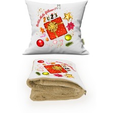 Caisya Home Yılbaşı Hediyesi Battaniyeli Yastık-Kırlent Happy New Year Opsiyonel Tv Battaniyeli Yastık 110X170CM