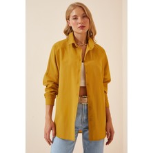 Hazelin Kadın Hardal Oversize Uzun Basic Gömlek  HZL22W-BD139001