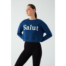 Zomers Kadın %100 Pamuk Salut Nakışlı 3 Iplik Lacivert Sweatshirt