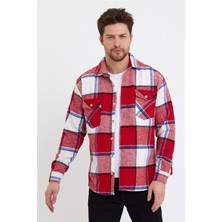 Cool Tarz Erkek Kırmızı-Indigo-Beyaz Çift Cep Kapaklı Slim Fit Oduncu GÖMLEK-ODG001R11004S