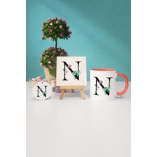 Hedizu Çiçek Desenli N Harfli Turuncu Kupa Bardak Dekoratif Taş Anahtarlık