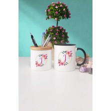 Hedizu Çiçekli J Harfli Siyah Kupa Bardak Kalemlik