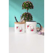 Hedizu Çiçekli Z Harfli Siyah Kupa Bardak Kalemlik