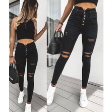 Twomeey Yüksek Bel 5 Düğme ve Yırtık Detaylı Kot Pantolon Jean