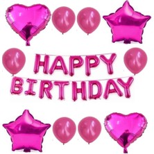 Happy Bırthday Pembe Fuşya Kalp Yıldız Folyo Balon Seti