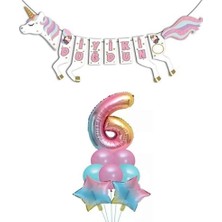 Unicorn Doğum Günü Seti Rakam Folyo Gökkuşağı 6 Yaş