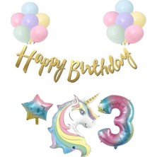 Unicorn Balonlu Kaligrafi Happy Bırthday 3 Yaş Balon Set