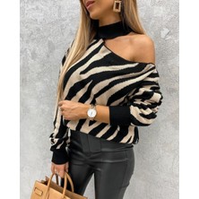 Twomeey Kadın Omuz Detaylı Desenli Triko Kazak (Renk Seçenekli)