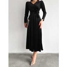 Twomeey Kadın Kruvaze Yaka Detay Kuşaklı Kadife Elbise (Renk Seçenekli)