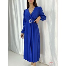 Twomeey Kadın Eteği Pileli Uzun Kol Kemerli Krep Kumaş Elbise (Renk Seçenekli)