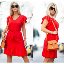 Twomeey Fırfır Detay Kuşaklı Aerobin Kumaş Elbise 88CM (Kırmızı)