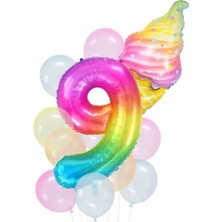 Parti Station Gökkuşağı Rakam ve Dondurma Balon Set Balon Folyo Set Konsept Doğum Günü Set Yaş Balon Set