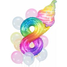 Parti Station Gökkuşağı Rakam ve Dondurma Balon Set Balon Folyo Set Konsept Doğum Günü Set Yaş Balon Set