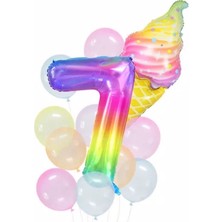 Parti Station Gökkuşağı Rakam ve Dondurma Balon Set Balon Folyo Set Konsept Doğum Günü Set Yaş Balon Set