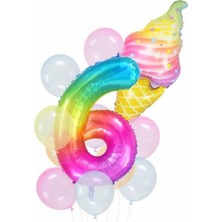 Parti Station Gökkuşağı Rakam ve Dondurma Balon Set Balon Folyo Set Konsept Doğum Günü Set Yaş Balon Set