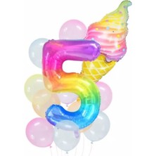 Parti Station Gökkuşağı Rakam ve Dondurma Balon Set Balon Folyo Set Konsept Doğum Günü Set Yaş Balon Set