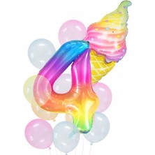 Parti Station Gökkuşağı Rakam ve Dondurma Balon Set Balon Folyo Set Konsept Doğum Günü Set Yaş Balon Set