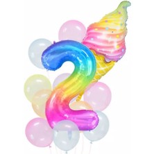 Parti Station Gökkuşağı Rakam ve Dondurma Balon Set Balon Folyo Set Konsept Doğum Günü Set Yaş Balon Set