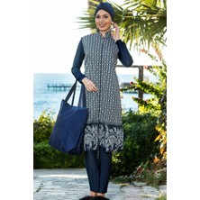 Hazelin Kadın Lacivert Tasarım Dokuma Uzun Kollu Büstiyerli  Tam Tesettür Mayo HZL22S-AR15301