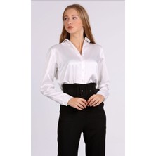 Hazelin Kadın Beyaz Hafif Dökümlü Saten Yüzeyli Gömlek HZL22W-BD139641