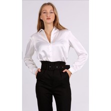 Hazelin Kadın Beyaz Hafif Dökümlü Saten Yüzeyli Gömlek HZL22W-BD139641