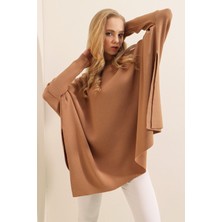 Hazelin Kadın Bisküvi Oversize Yırtmaçlı Panço Triko Kazak  HZL23W-BD1100761