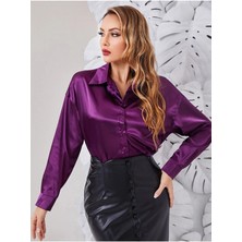 Hazelin Kadın Mor Hafif Dökümlü Saten Yüzeyli Gömlek HZL22W-BD139641