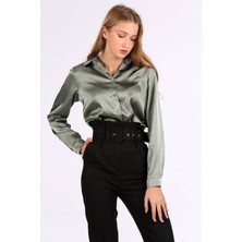 Hazelin Kadın Haki Hafif Dökümlü Saten Yüzeyli Gömlek HZL22W-BD139641