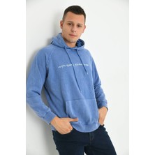 Moviment Erkek Mavi  Kapüşonlu Sırt Baskı Detaylı Yıkamalı Sweatshirt