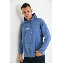 Moviment Erkek Mavi  Kapüşonlu Sırt Baskı Detaylı Yıkamalı Sweatshirt