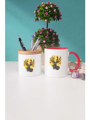 Hedizu Mutlu Yıllar Geyikli Yılbaşı Hediyesi Kırmızı Kupa Bardak Kalemlik