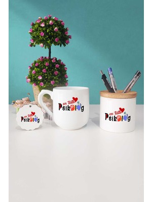 Hedizu En Tatlı Psikolog Hediye Oval Kupa Bardak Kalemlik Anahtarlık
