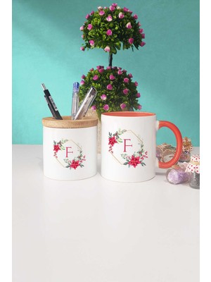 Hedizu Çiçekli F Harfli Turuncu Kupa Bardak Kalemlik