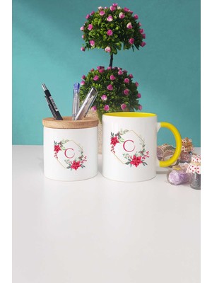 Hedizu Çiçekli C Harfli Sarı Kupa Bardak Kalemlik