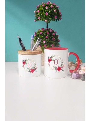 Hedizu Çiçekli Ü Harfli Kırmızı Kupa Bardak Kalemlik