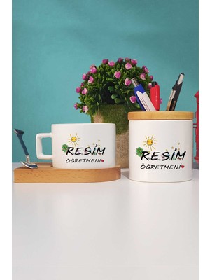 Hedizu Resim Öğretmeni Hediye Ahşap Altlıklı Fincan ve Kalemlik