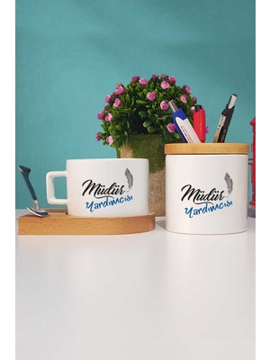 Hedizu Müdür Yardımcısı Hediye Ahşap Altlıklı Fincan ve Kalemlik