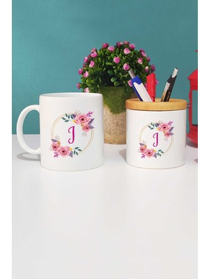 Hedizu Çiçekli I Harfli Kupa Bardak Beyaz ve Kalemlik