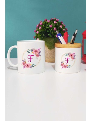 Hedizu Çiçekli F Harfli Kupa Bardak Beyaz ve Kalemlik