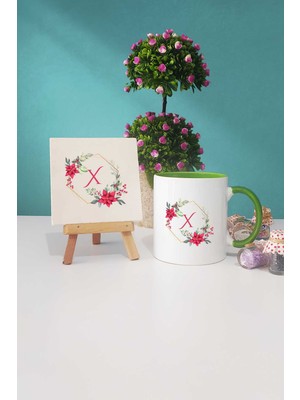 Hedizu Çiçekli x Harfli Yeşil Kupa Bardak Dekoratif Taş