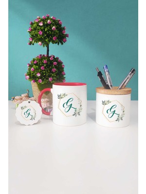 Hedizu Çiçekli G Harfli Kırmızı Kupa Bardak Kalemlik Anahtarlık