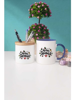 Hedizu Merry Christmas Yılbaşı Hediyesi Lacivert Kupa Bardak Kalemlik