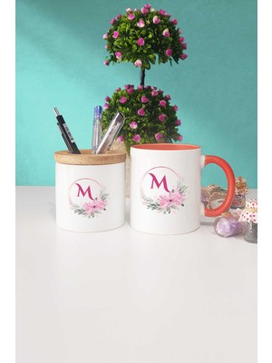 Hedizu Çiçekli M Harfli Turuncu Kupa Bardak Kalemlik