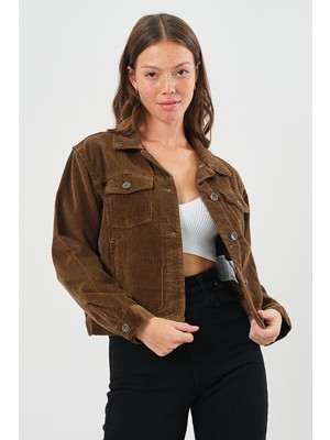 Vintage Denim Kahverengi Kadife Ceket Kadın Kısa