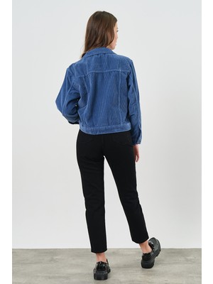 Vintage Denim Kadın Mavi Kadife Ceket Kısa