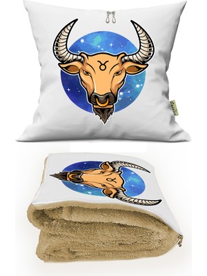 Caisya Home Boğa Burcu Baskılı Tv Battaniyeli Opsiyonel Yastık & Kırlent 36x36 Cm
