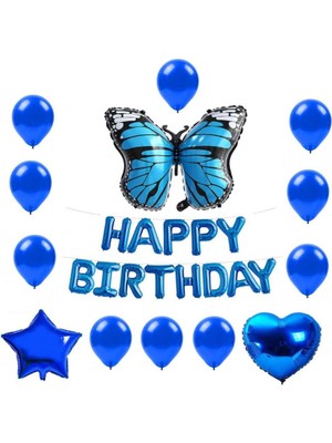 Rönesans Parti Happy Bırthday Mavi Kelebek Kalp Yıldız Folyo Balon Seti