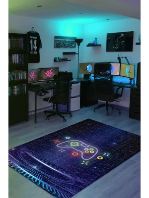 Homshtag Neon Gamer Dokuma Tabanlı Yıkanabilir Kaymaz Gamer Halısı