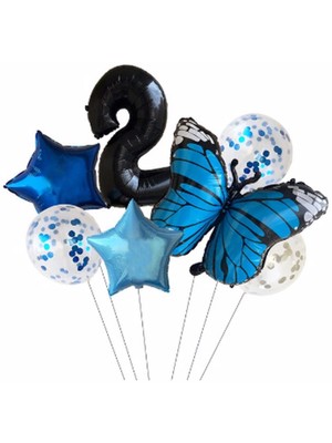 Parti Station Mavi Kelebek Balon Set Yıldız Balon Folyo Set Konsept Doğum Günü Set Yaş Balon Set